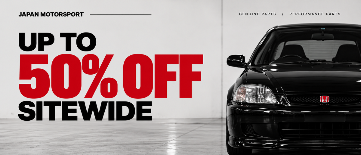 Promotional banner for Japan Motorsport featuring a black Honda car on the right and large text on the left reading 'UP TO 50% OFF SITEWIDE'.